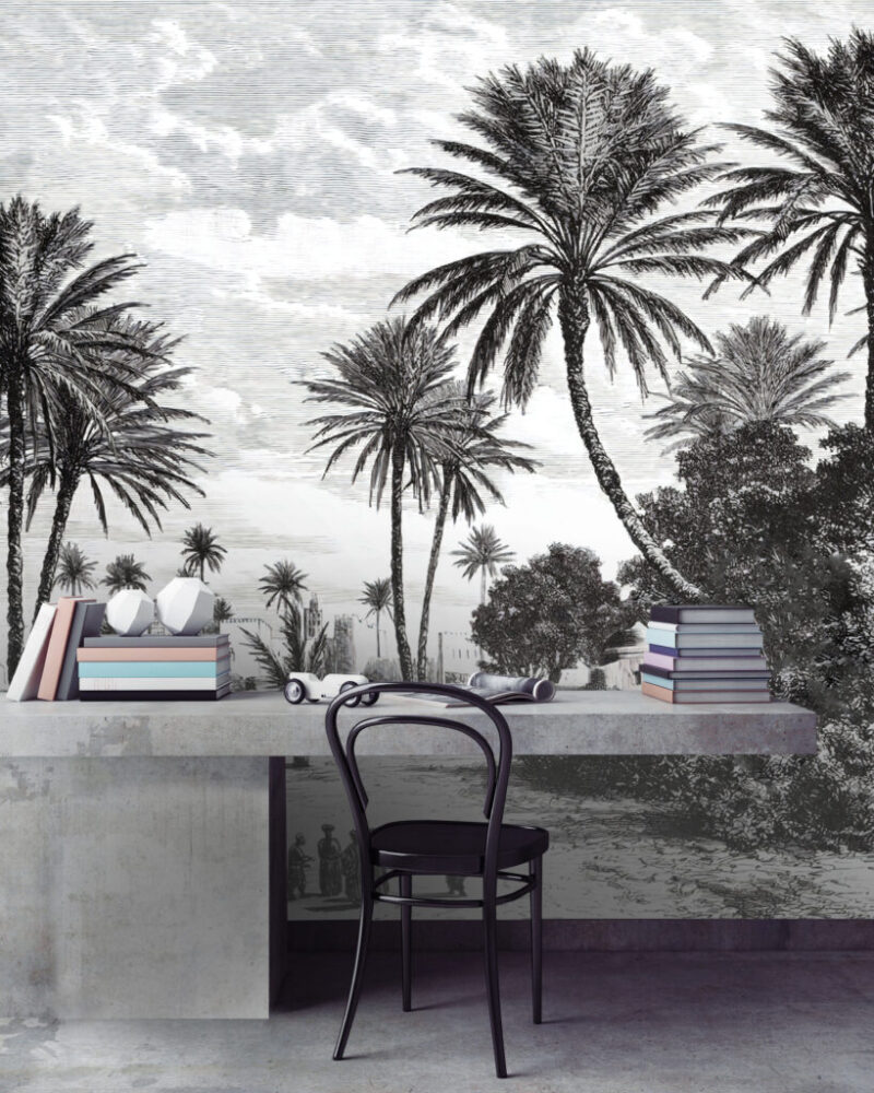 Koyu Renkli Sahil ve Palmiye Ağaç Desenli 3D Duvar Kağıdı
