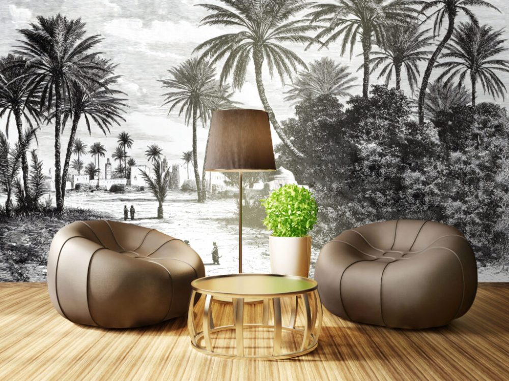 Koyu Renkli Sahil ve Palmiye Ağaç Desenli 3D Duvar Kağıdı