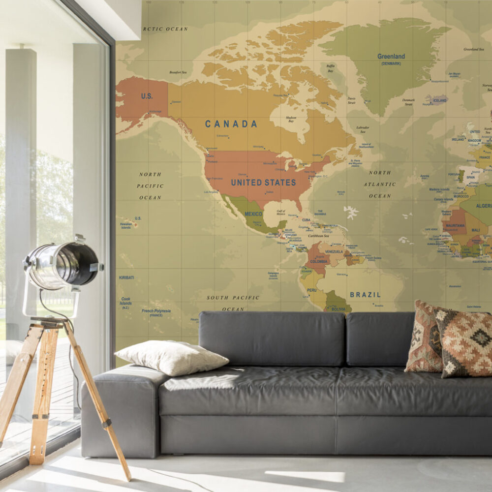Çok Renkli Dünya Haritası Desenli 3D Duvar Kağıdı