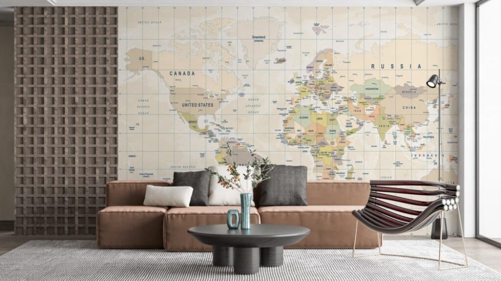 Çok Renkli Dik Dünya Haritası Desenli 3D Duvar Kağıdı