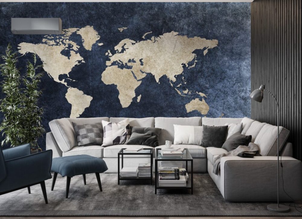 Mavi ve Beyaz Renkli Dünya Haritası 3D Duvar Kağıdı