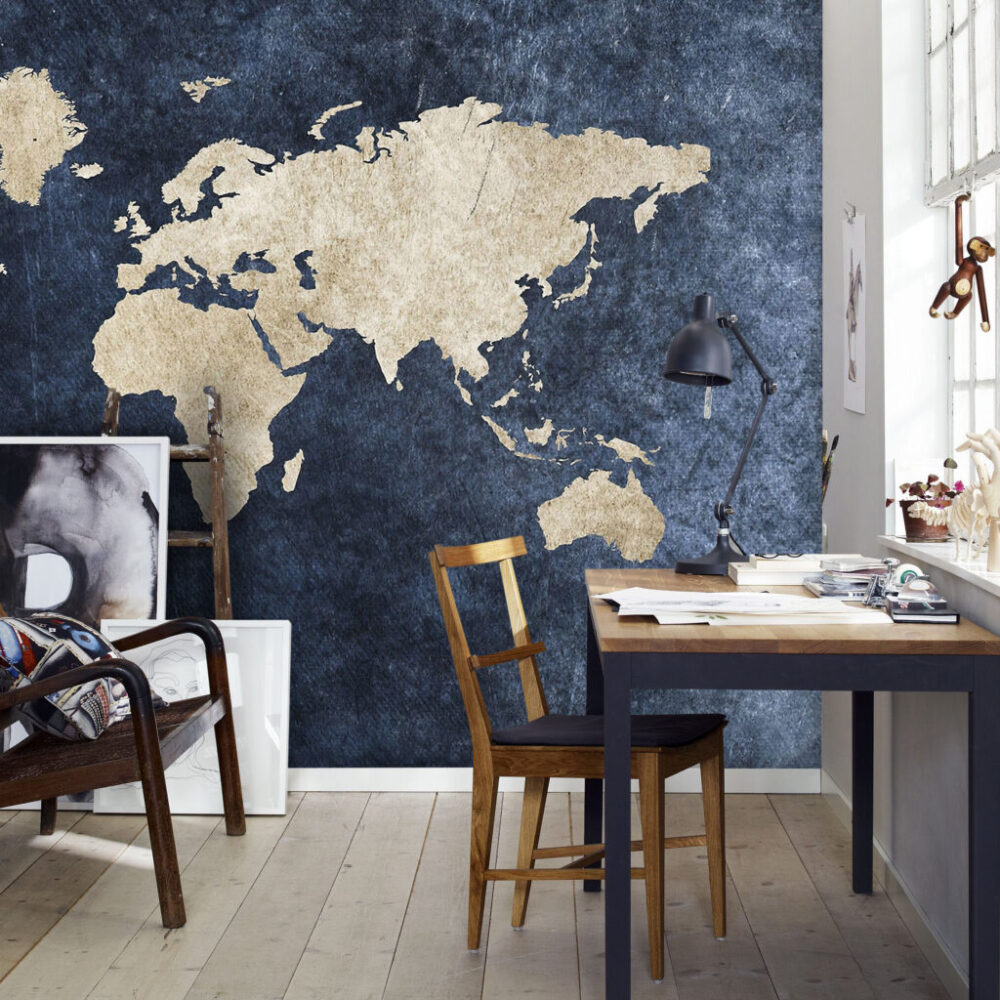 Mavi ve Beyaz Renkli Dünya Haritası 3D Duvar Kağıdı