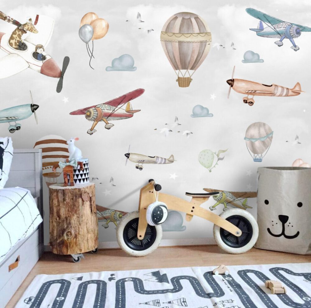 Uçakla Uçan Zürafa ve Balon Desenli 3D Duvar Kağıdı