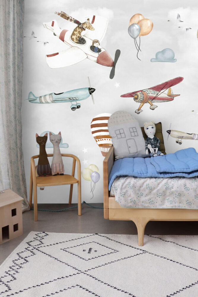 Uçakla Uçan Zürafa ve Balon Desenli 3D Duvar Kağıdı
