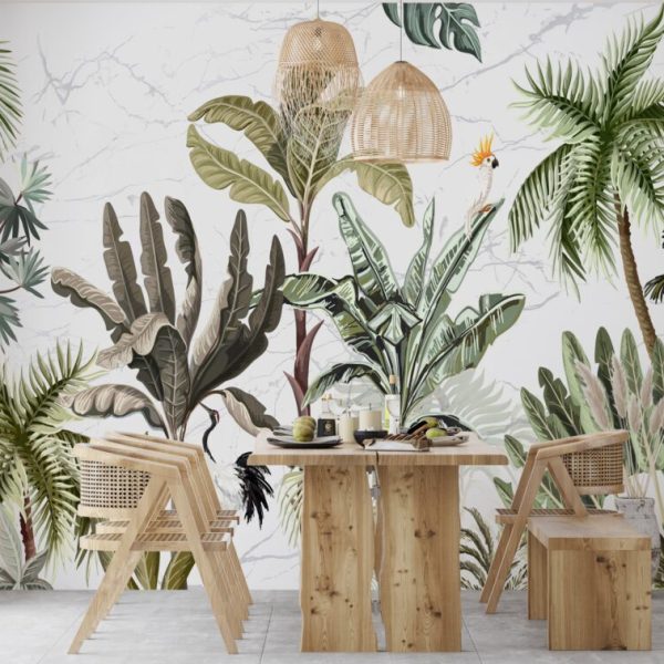 3D Papağan ve Palmiye Ağaç Desenli Tropikal Duvar Kağıdı