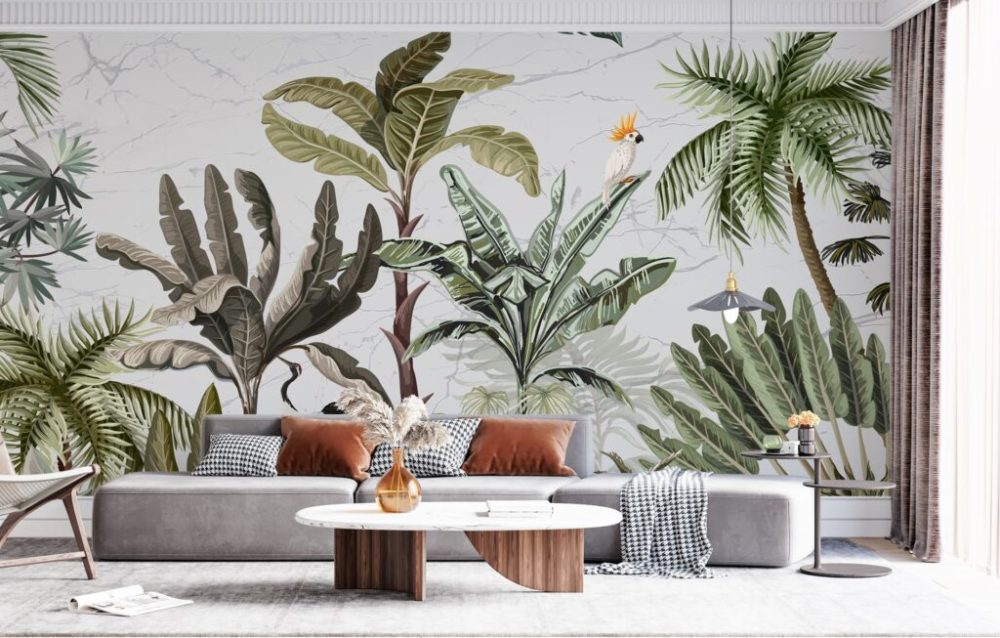 3D Papağan ve Palmiye Ağaç Desenli Tropikal Duvar Kağıdı