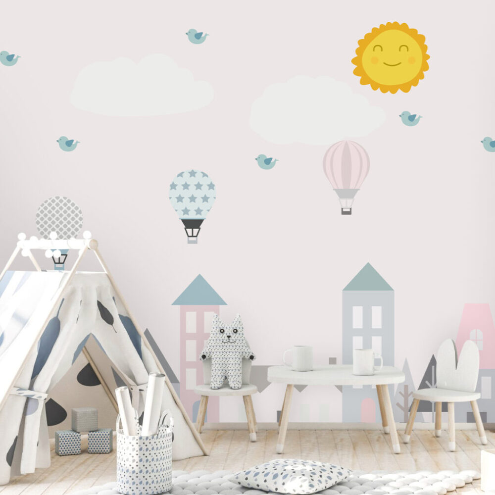 Bina, Balon ve Güneş Desenli 3D Duvar Kağıdı