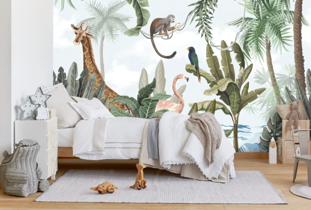 3D Zürafa ve Orman Desenli Tropikal Duvar Kağıdı