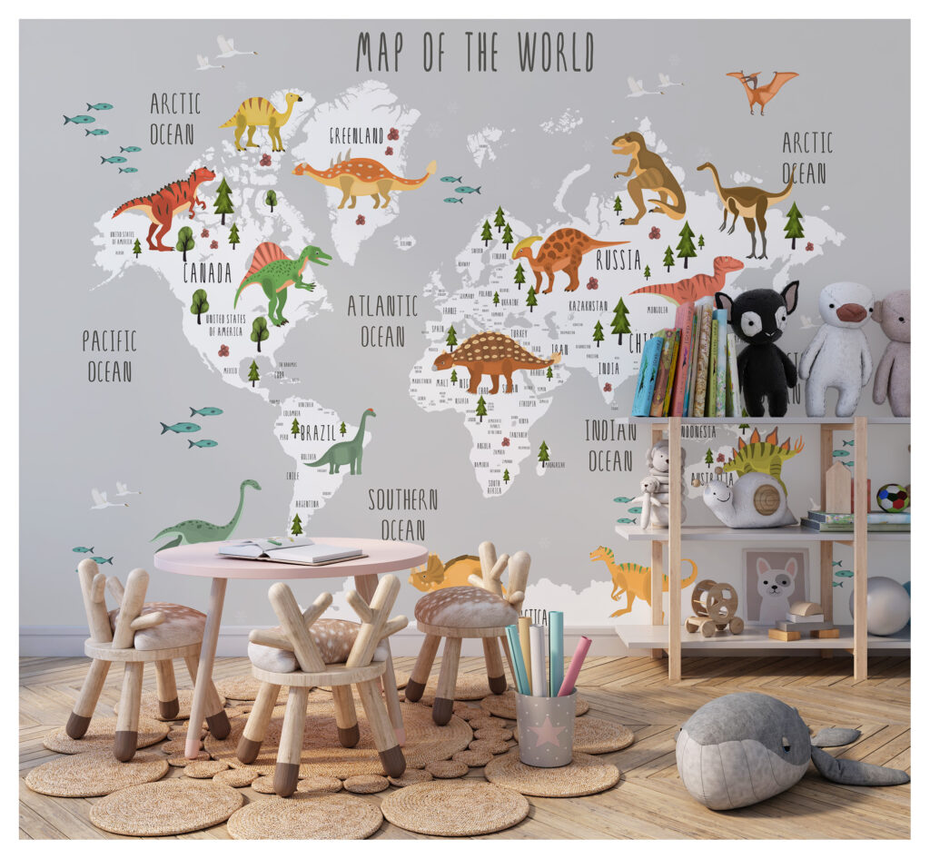 Dinazor Desenli Çocuk Haritası 3D Duvar Kağıdı