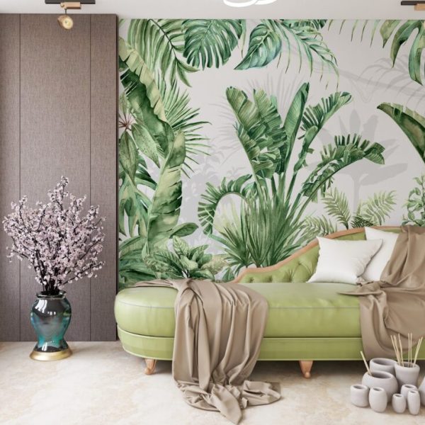 Çok Çeşit Yeşil Bitki Desenli Tropikal Duvar Kağıdı