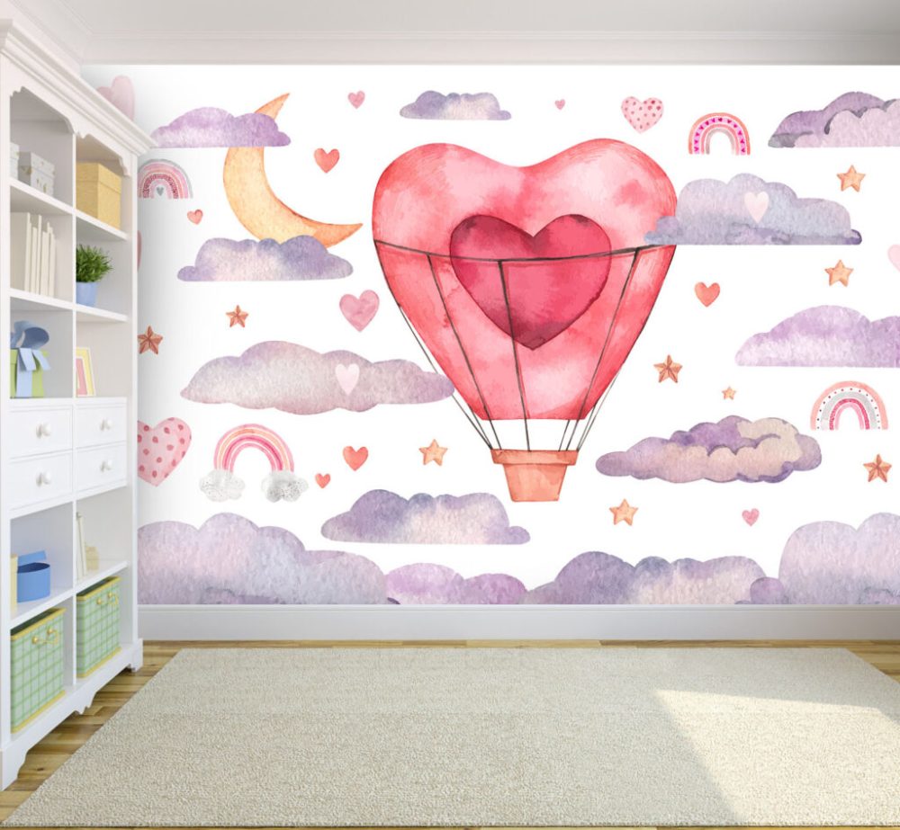 Kalpli Balon ve Bulut Desenli 3D Duvar Kağıdı