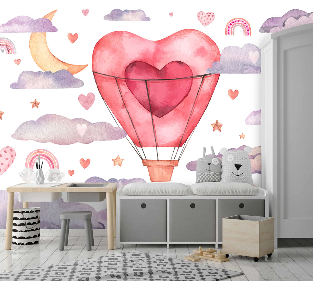 Kalpli Balon ve Bulut Desenli 3D Duvar Kağıdı