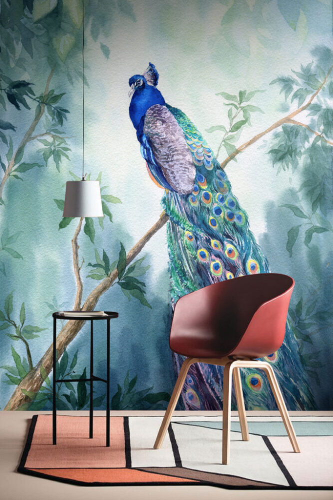 Dalda Duran Tavus Kuşu Desenli 3D Duvar Kağıdı