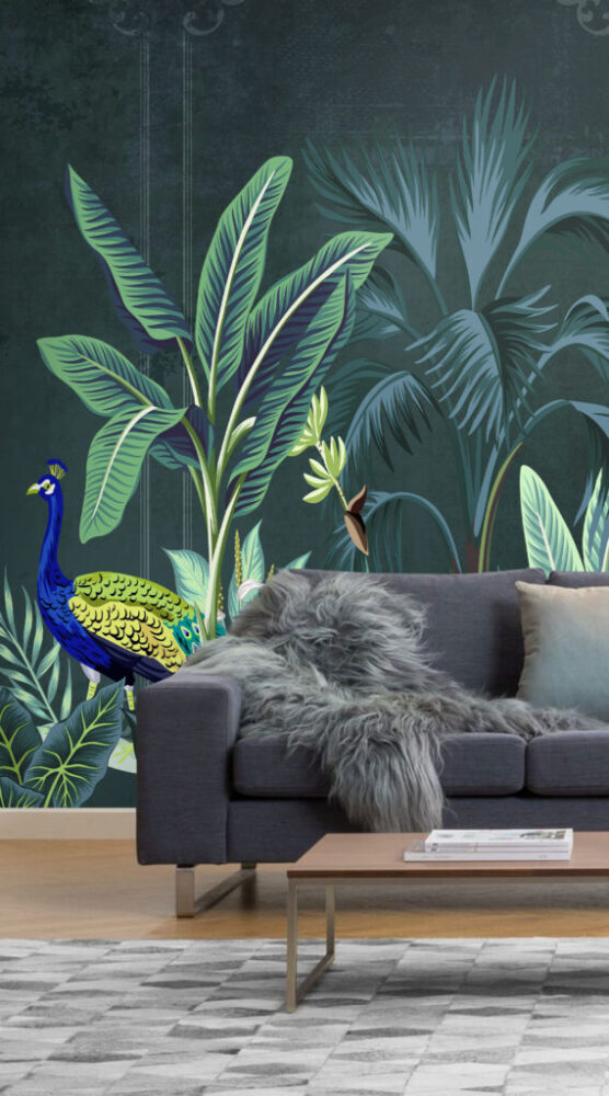 3D Tavus Kuşu ve Bitki Desenli Tropikal Duvar Kağıdı