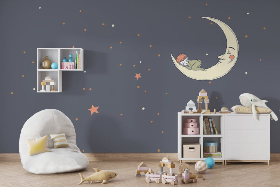 Ay Dede'de Uyuyan Çocuk ve Yıldız Desenli 3D Duvar Kağıdı