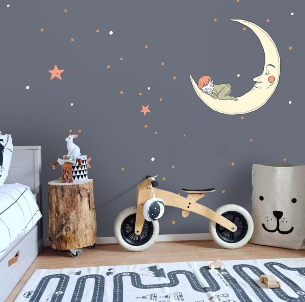 Ay Dede'de Uyuyan Çocuk ve Yıldız Desenli 3D Duvar Kağıdı