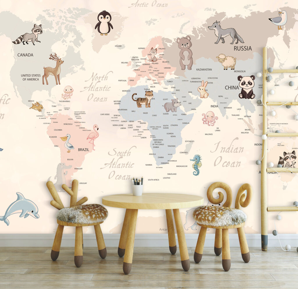 Güzel Yazılı ve Hayvan Desenli Çocuk Haritası 3D Duvar Kağıdı