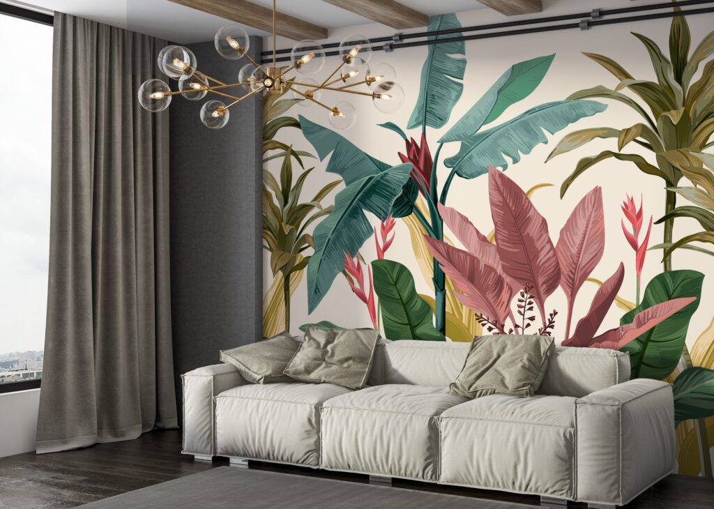 3D Farklı Renkte Bitki ve Ağaç Desenli Tropikal Duvar Kağıdı
