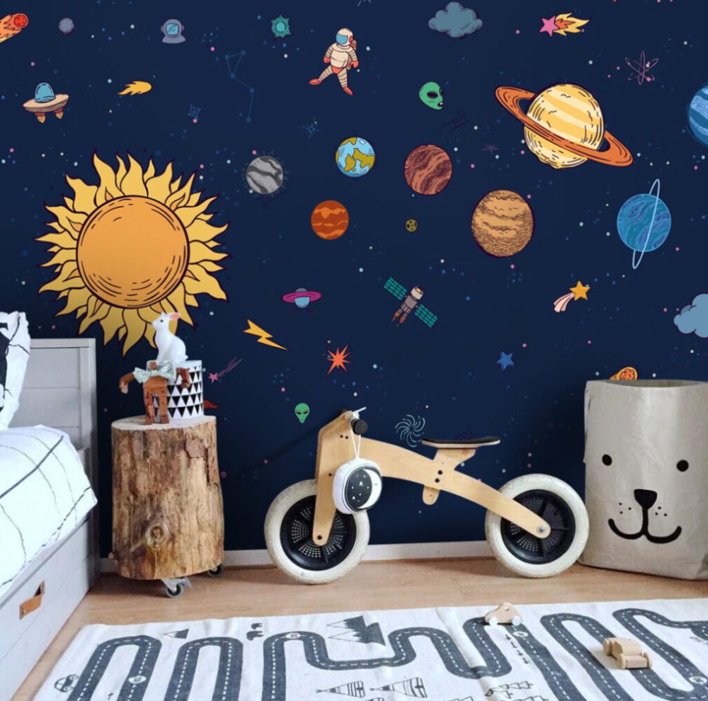 Güneş, Gezegen ve Astronot Desenli 3D Duvar Kağıdı