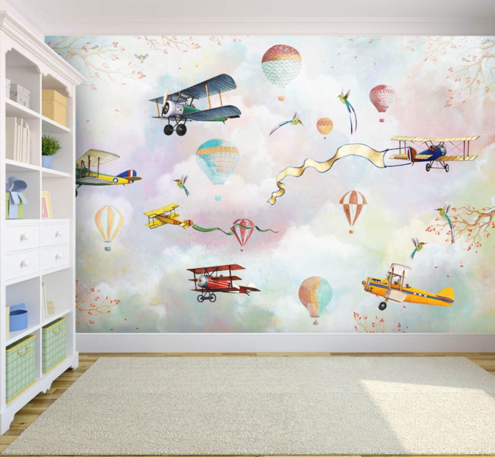 Uçak, Balon ve Ağaç Desenli 3D Duvar Kağıdı