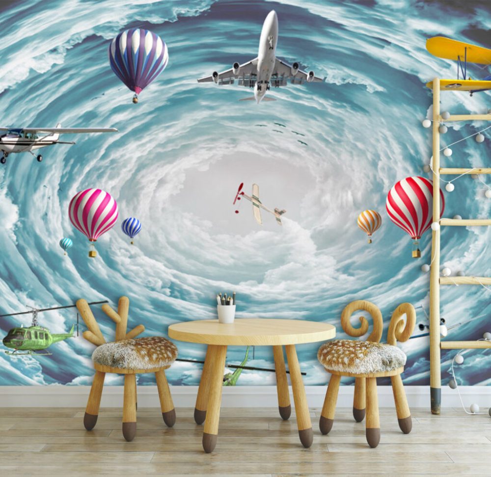 Kargaşanın İçinde Uçak ve Balon Desenli 3D Duvar Kağıdı