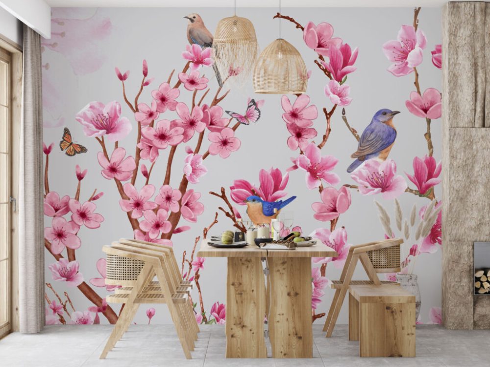 Pembe Çiçekli Daldaki Kuş Desenli 3D Duvar Kağıdı