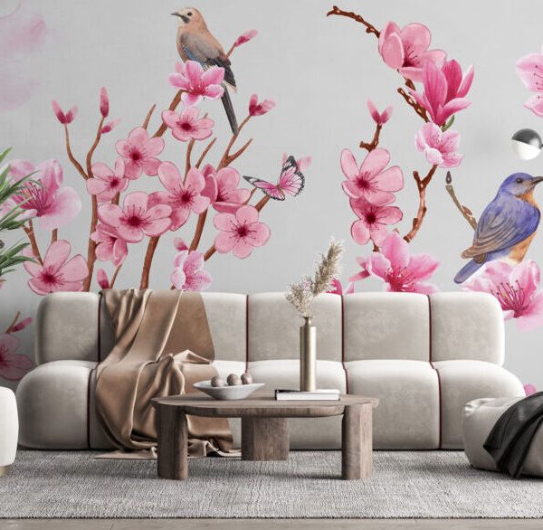 Pembe Çiçekli Daldaki Kuş Desenli 3D Duvar Kağıdı