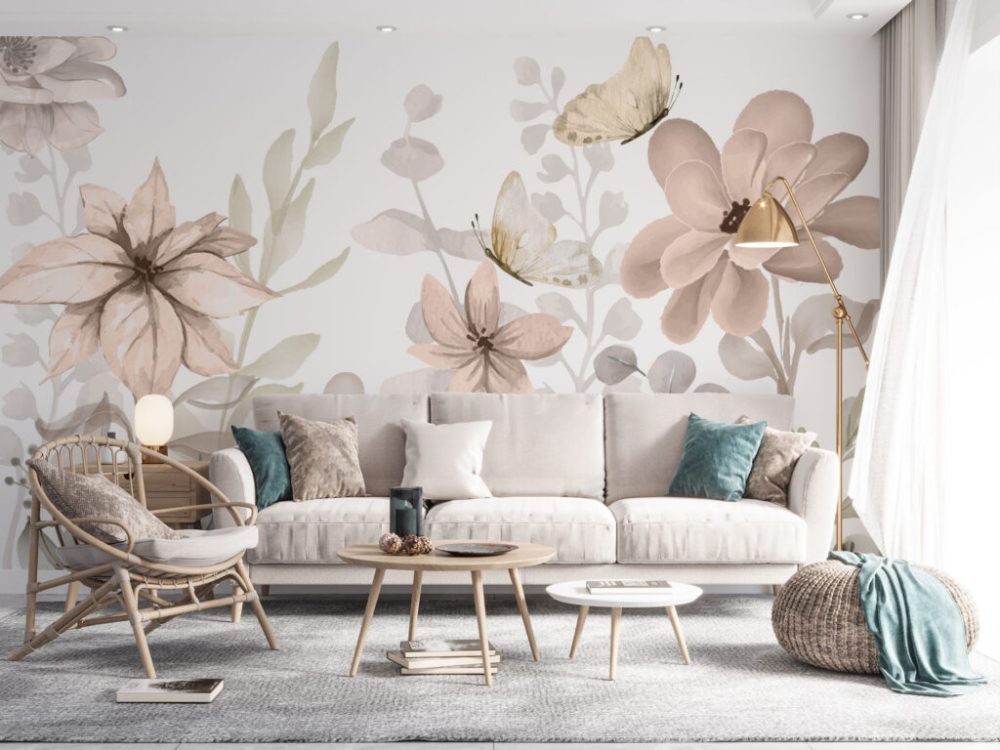 Çiçek ve Kelebek Desenli 3D Duvar Kağıdı