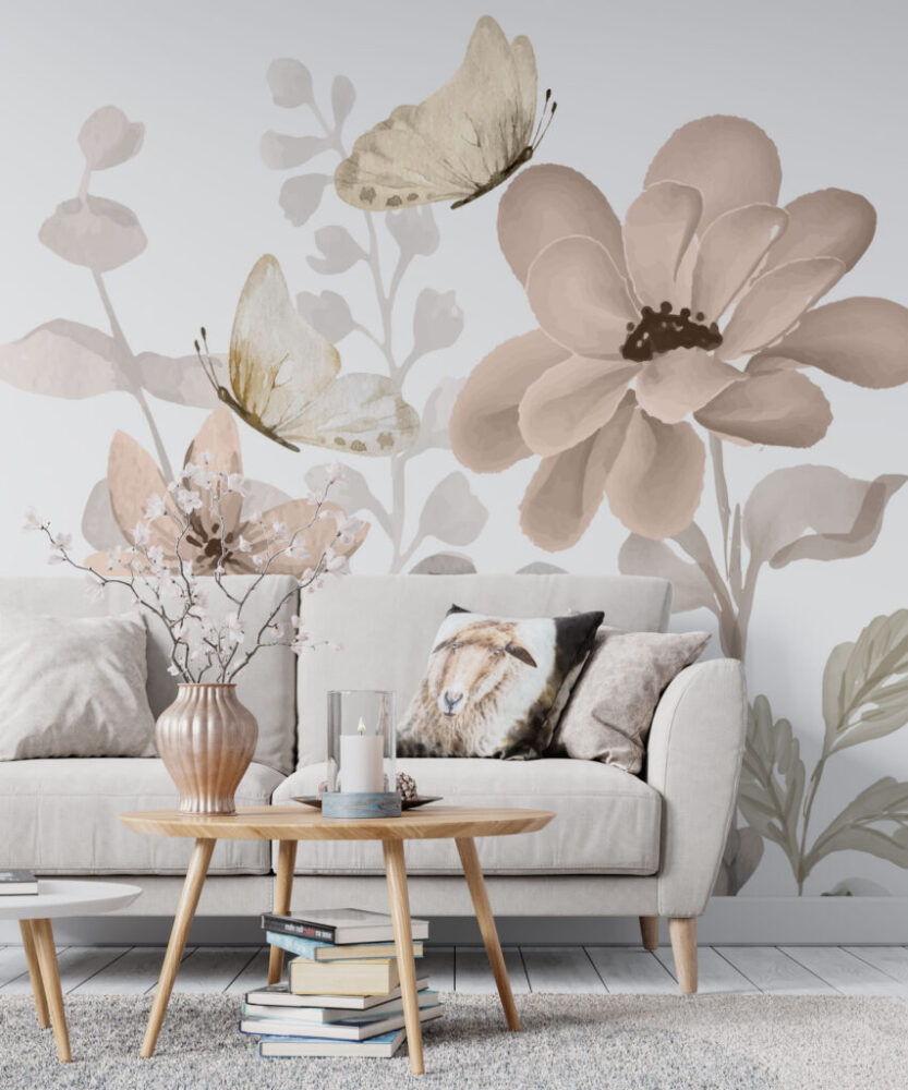 Çiçek ve Kelebek Desenli 3D Duvar Kağıdı