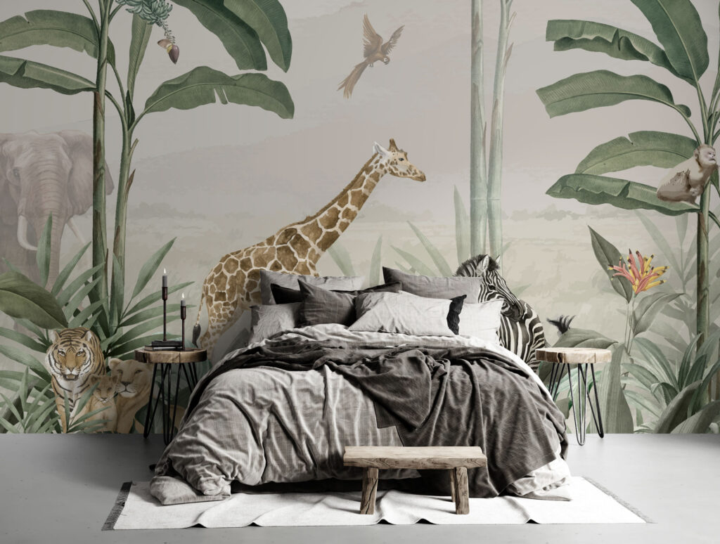 3D Zürafa ve Zebra Desenli Tropikal Duvar Kağıdı