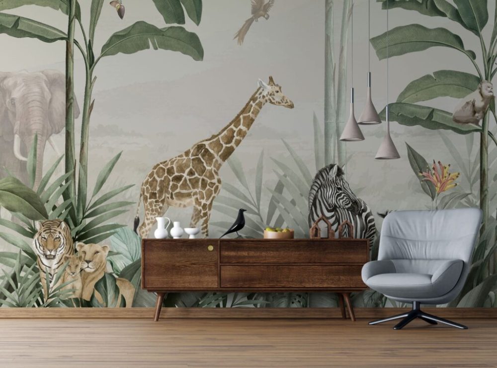 3D Zürafa ve Zebra Desenli Tropikal Duvar Kağıdı