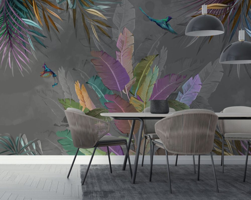 3D Çok Renkli Yaprak ve Kuş Desenli Tropikal Duvar Kağıdı