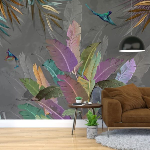 3D Çok Renkli Yaprak ve Kuş Desenli Tropikal Duvar Kağıdı