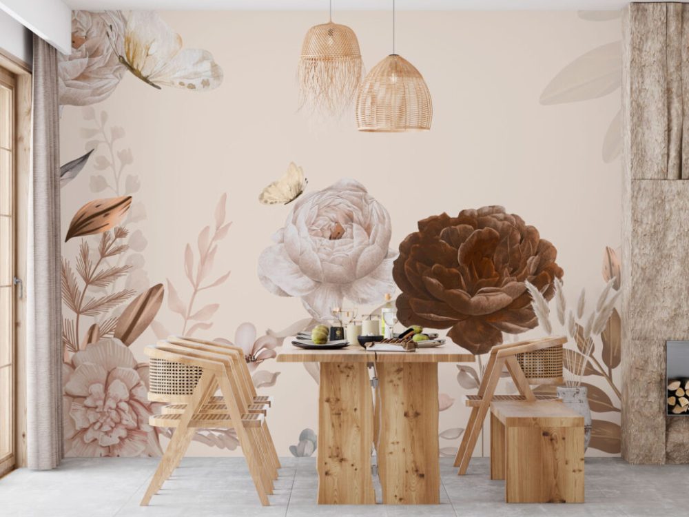 Beyaz-Kahverengi Gül ve Bitki Desenli 3D Duvar Kağıdı