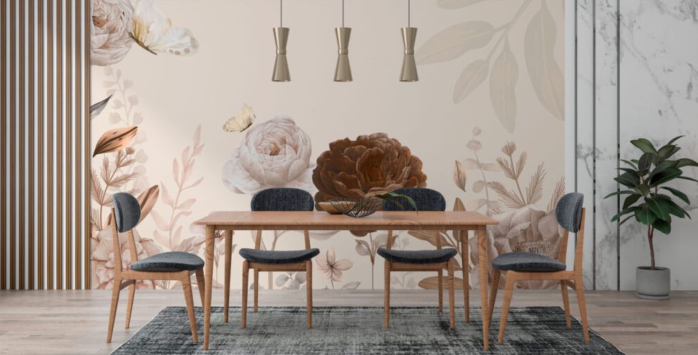 Beyaz-Kahverengi Gül ve Bitki Desenli 3D Duvar Kağıdı