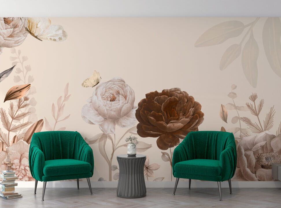 Beyaz-Kahverengi Gül ve Bitki Desenli 3D Duvar Kağıdı