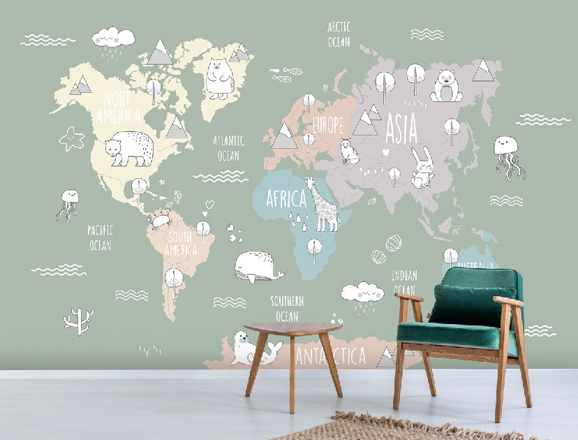 Kıtaları Ayrık Desenli Çocuk Haritası 3D Duvar Kağıdı