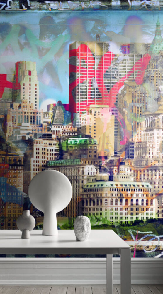 3D Şehir Manzarası ve Graffiti Desenli Duvar Kağıdı