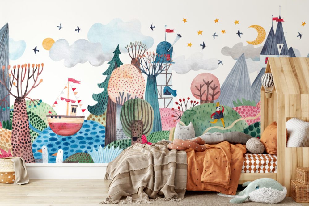 3D Çocuk Odasına Şato Görünümlü Renkli Duvar Kağıdı
