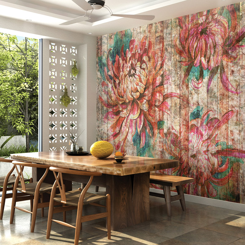 Ahşap Zeminli Pembe Renkli Çiçekler 3D Duvar Kağıdı