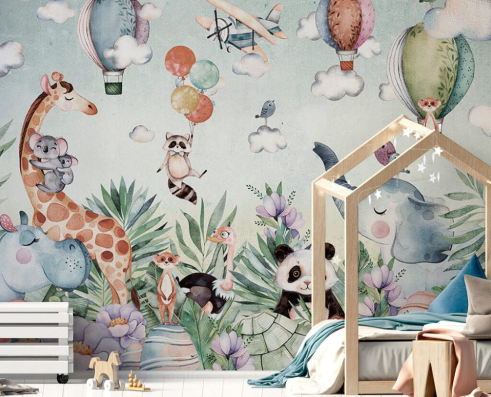 Uçan Balonlar ve Hayvanlarla Dolu Çocuk Odası Duvar Kağıdı