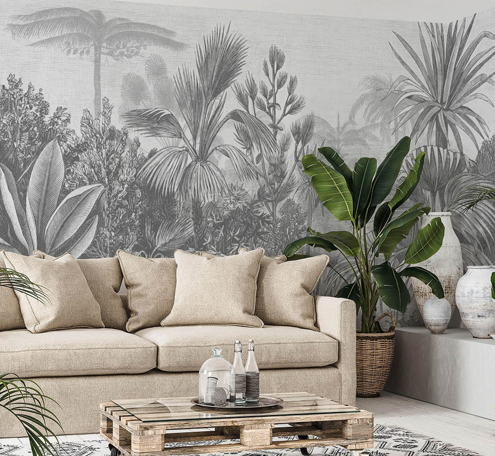 Siyah Beyaz Renkli Tropikal Desenli 3D Duvar Kağıdı