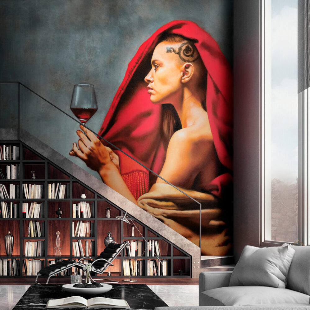 Şarap İçen Kadın Figürü 3D Duvar Kağıdı