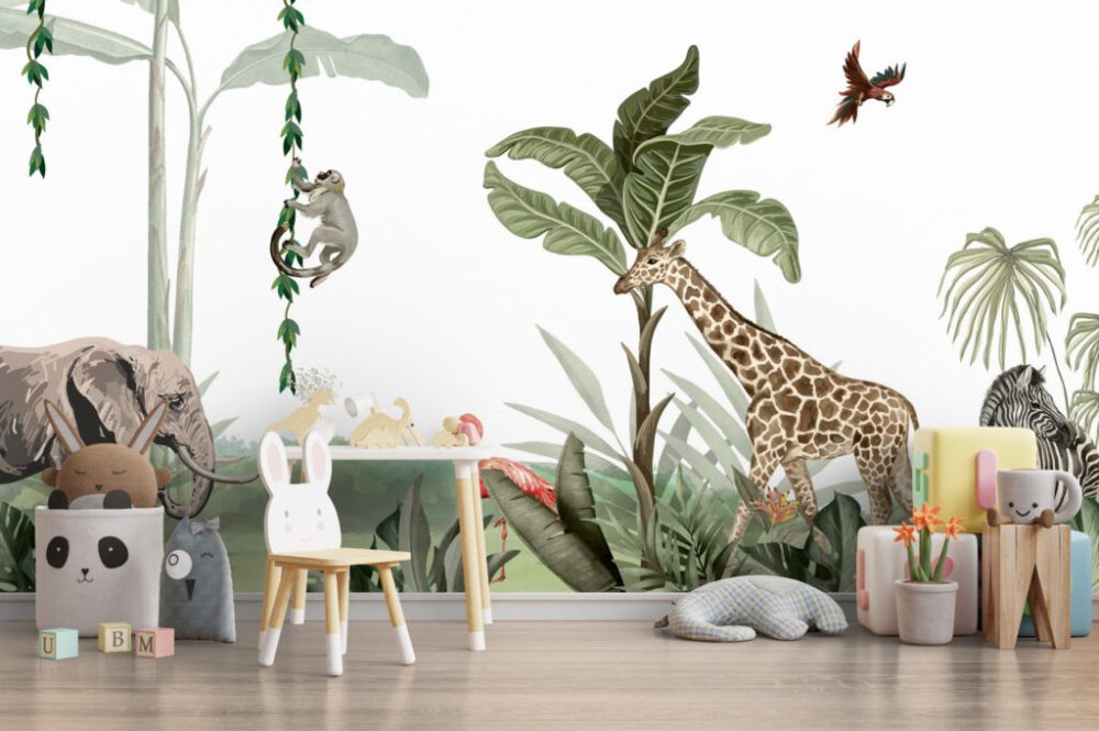 Fil ve Zürafalı Olan 3D Duvar Kağıdı