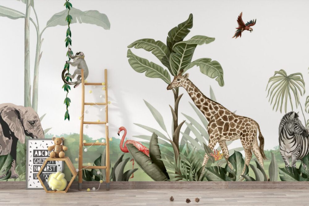 Fil ve Zürafalı Olan 3D Duvar Kağıdı