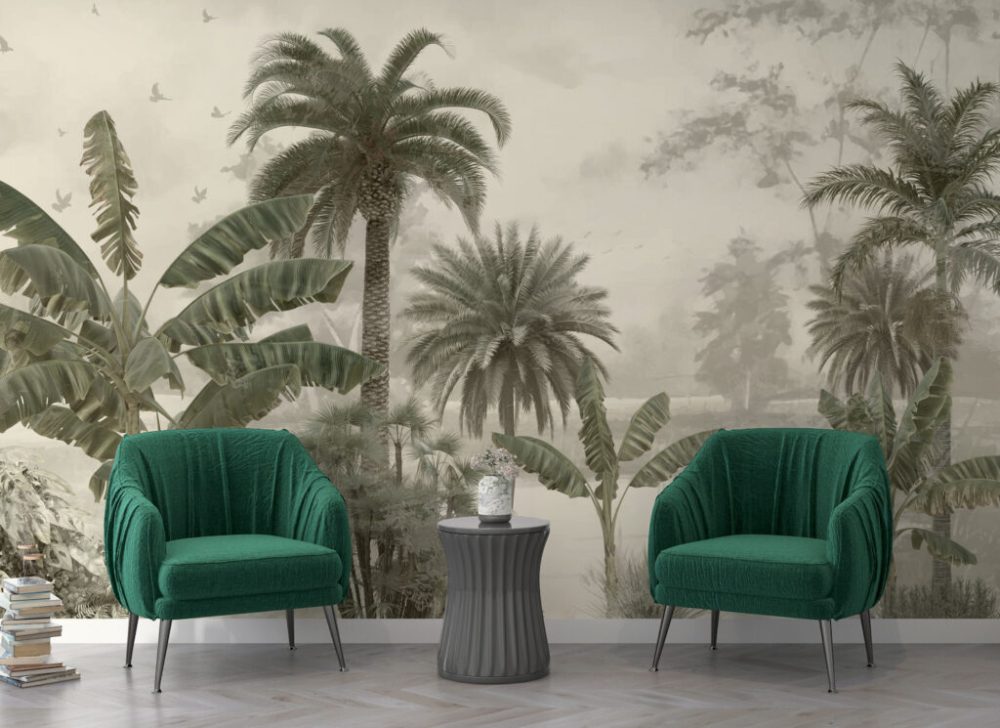 Yeşil Muz Ağaçlı Tropikal Desenli 3D Duvar Kağıdı
