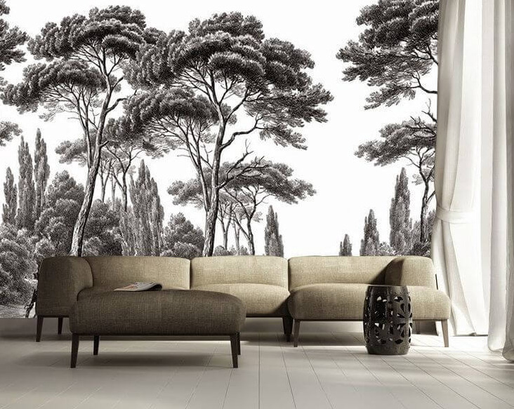 Siyah Beyaz Orman Ağaçlı Tropikal 3D Duvar Kağıdı