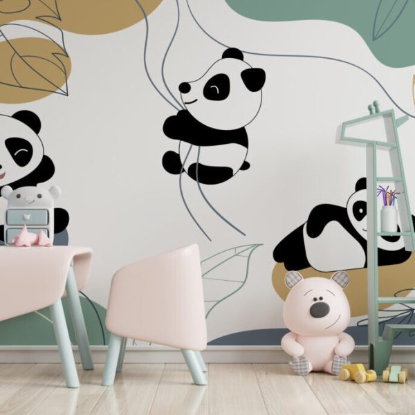 Sarmaşıklara Tutunan Panda Desenli 3D Duvar Kağıdı