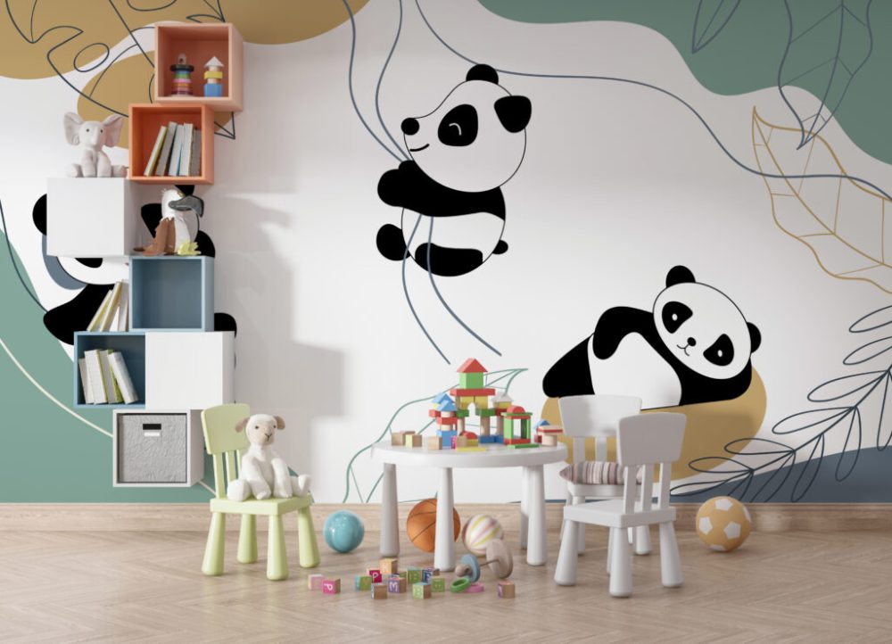Sarmaşıklara Tutunan Panda Desenli 3D Duvar Kağıdı