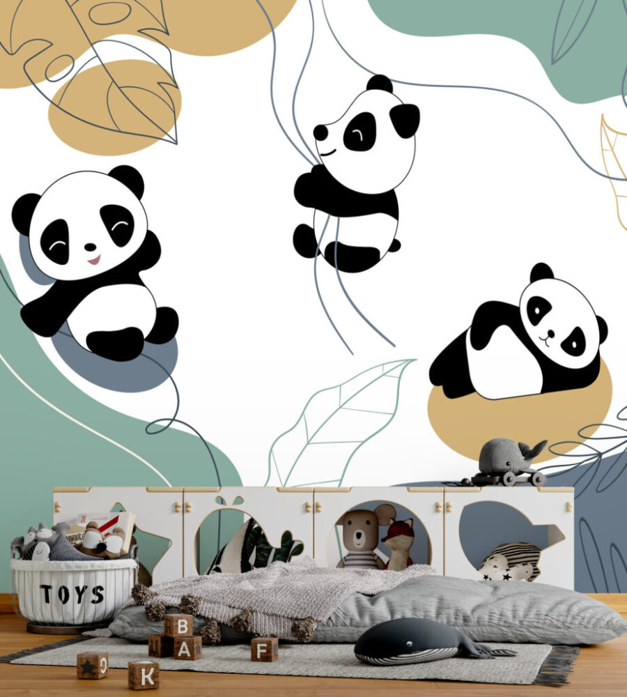Sarmaşıklara Tutunan Panda Desenli 3D Duvar Kağıdı